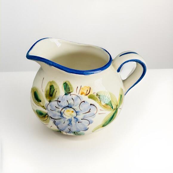 Vintage Hand Painted Pitcher Made In Italy for FTD Blue Flower Vase Farm House - Picture 1 of 10